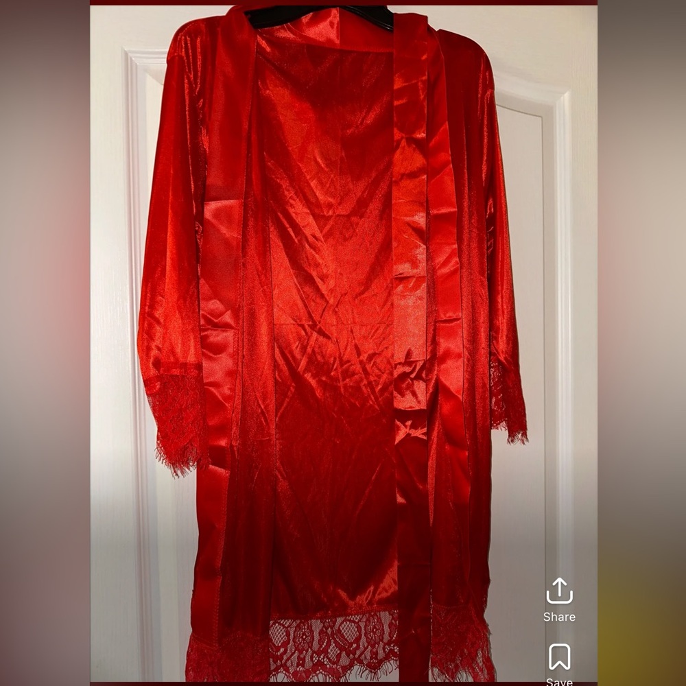 Elegant Red Satin Robe with Lace Trim